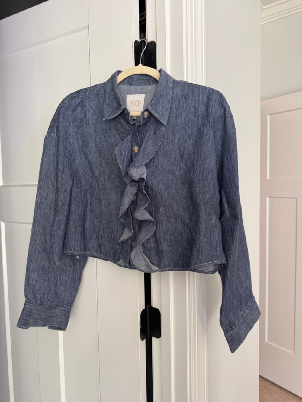 TWP Ex Denim Chambray Blue Ruffle Long Sleeve Crop Top